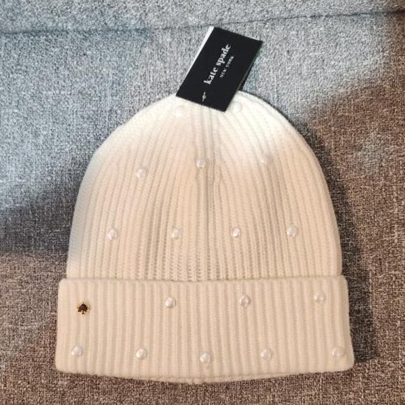 kate spade Accessories - Kate Spade New York Ivory, Pearl Embellished Beanie NWT